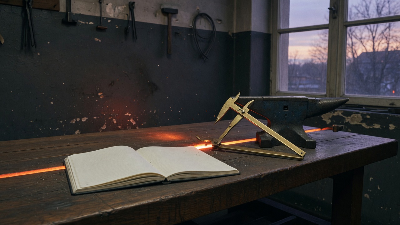 A workbench with an open notebook, calipers, and an anvil in evening light