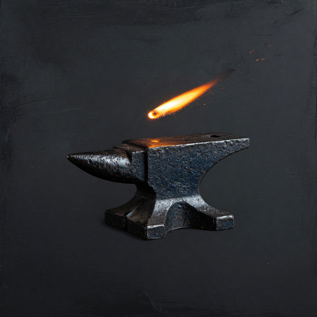 An iron anvil with a single bright spark above it