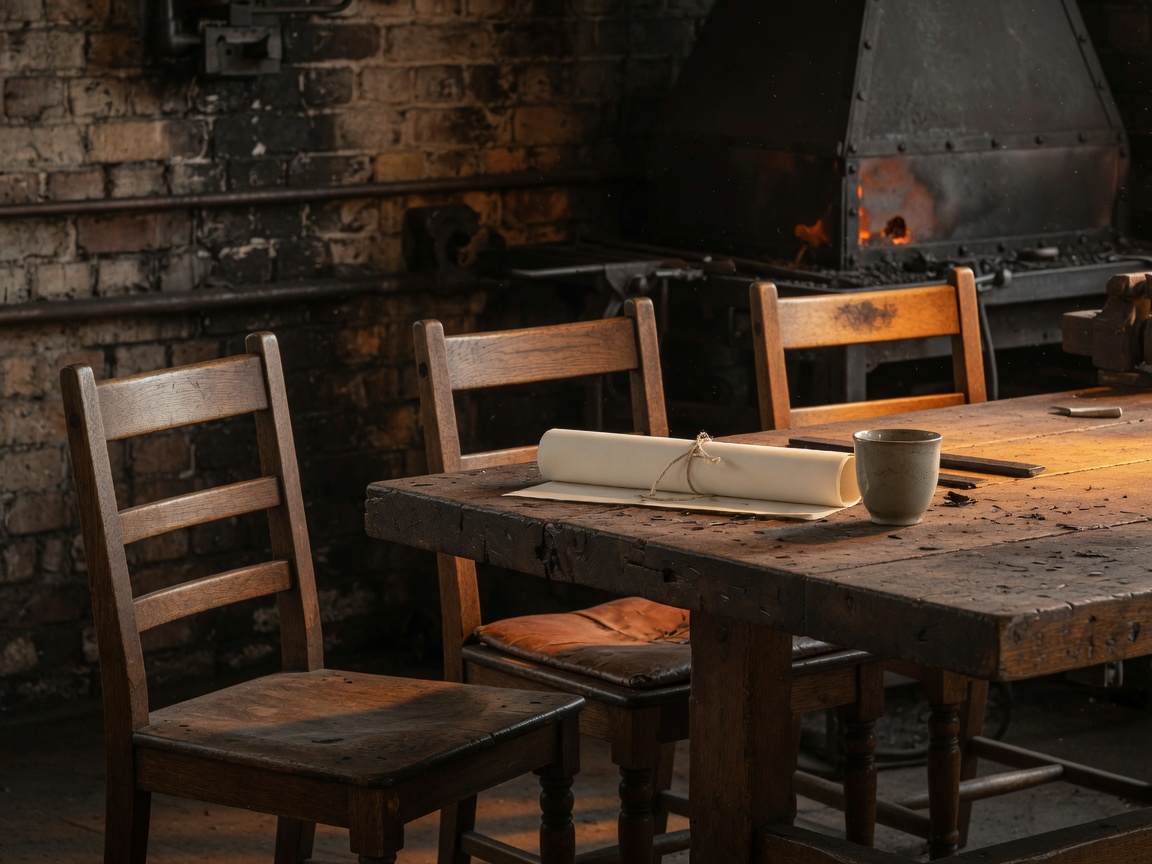 Empty wooden chairs around a worktable in a forge workshop